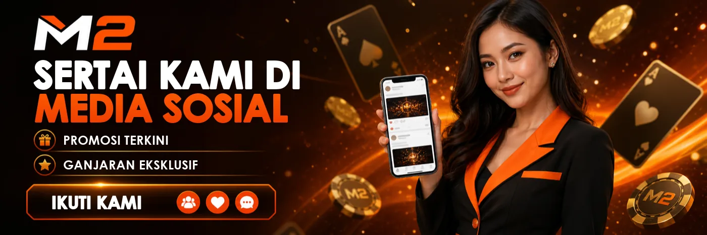 Ajakan menyertai M2 di media sosial untuk promosi terkini dan ganjaran eksklusif, dengan butang Ikuti Kami